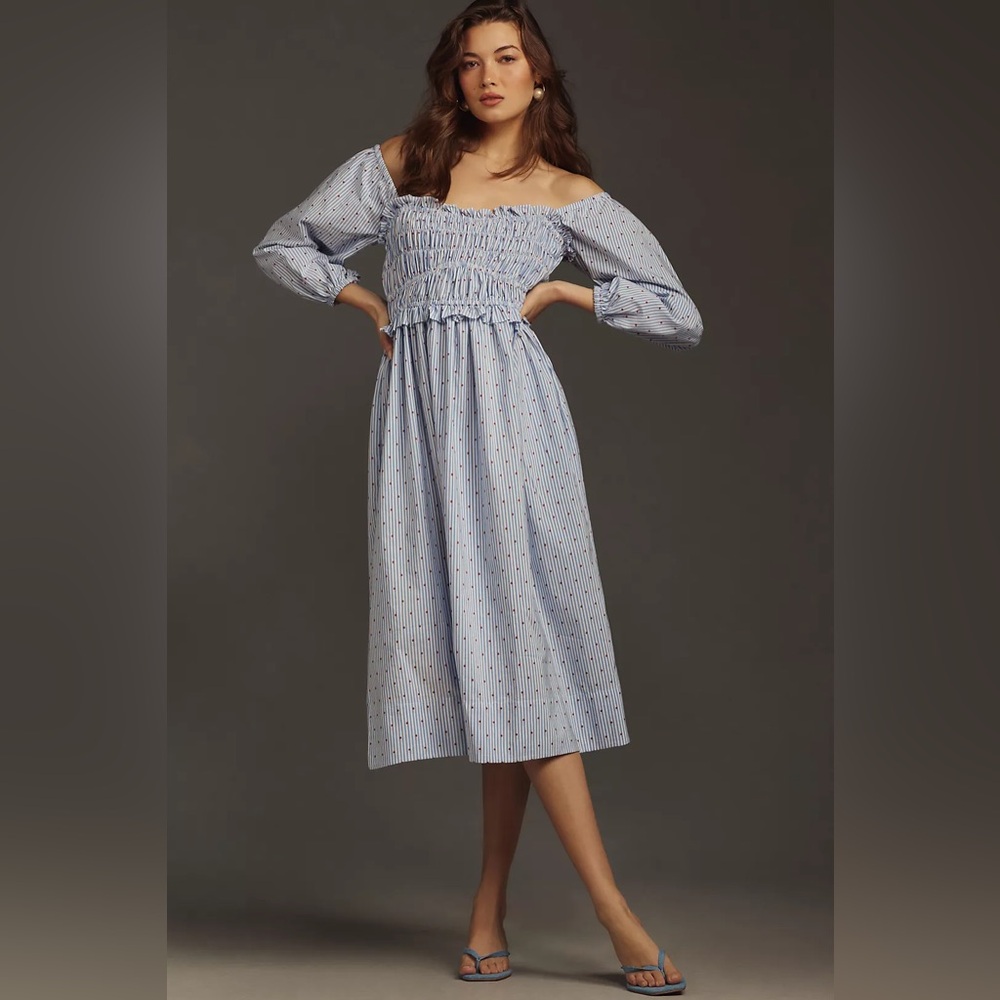 Anthropologie Maeve Puff-Sleeve Smocked Midi Dress